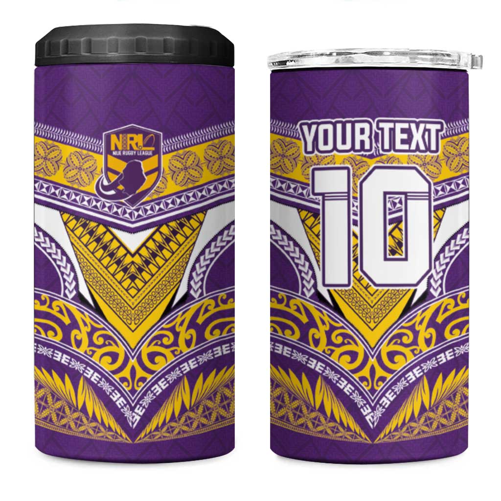 Custom Rugby Niue 4 in 1 Can Cooler Tumbler Hiapo Tribal Heritage Tattoos Purple Color - Polynesian Pride