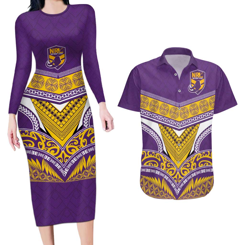 Custom Rugby Niue Couples Matching Long Sleeve Bodycon Dress and Hawaiian Shirt Hiapo Tribal Heritage Tattoos Purple Color - Polynesian Pride