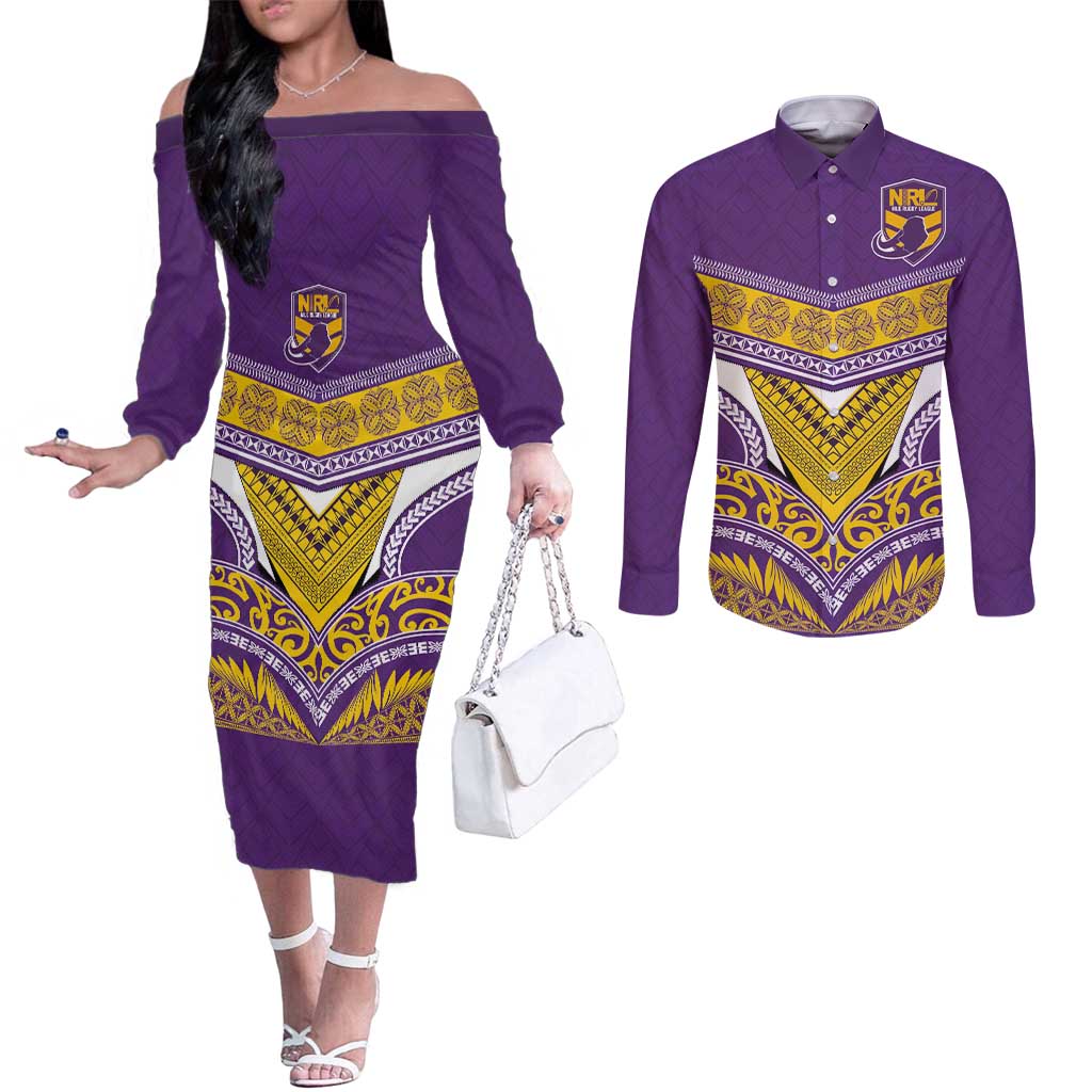 Custom Rugby Niue Couples Matching Off The Shoulder Long Sleeve Dress and Long Sleeve Button Shirt Hiapo Tribal Heritage Tattoos Purple Color - Polynesian Pride
