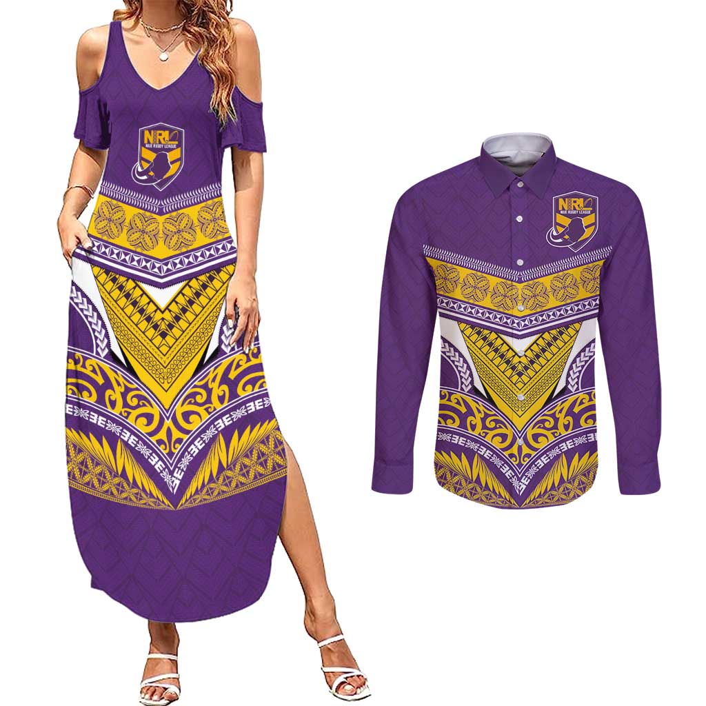 Custom Rugby Niue Couples Matching Summer Maxi Dress and Long Sleeve Button Shirt Hiapo Tribal Heritage Tattoos Purple Color - Polynesian Pride