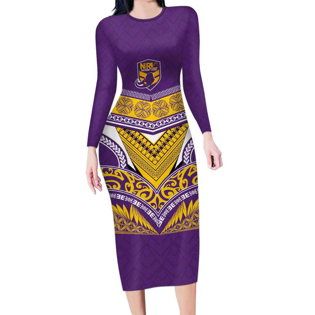 Custom Rugby Niue Long Sleeve Bodycon Dress Hiapo Tribal Heritage Tattoos Purple Color - Polynesian Pride
