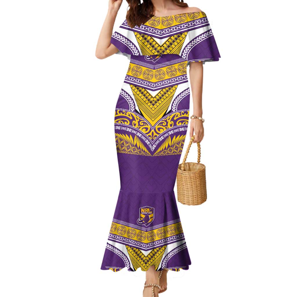 Custom Rugby Niue Mermaid Dress Hiapo Tribal Heritage Tattoos Purple Color - Polynesian Pride