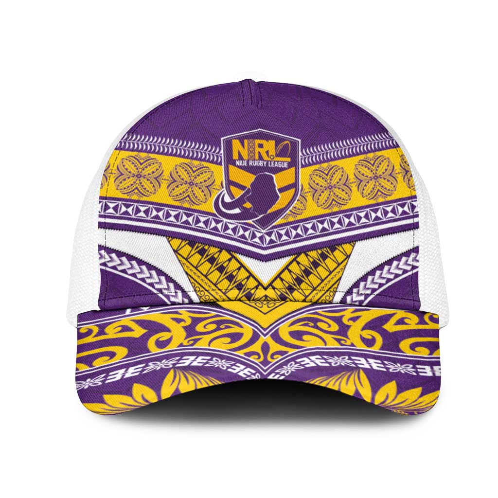 Niue Rugby Mesh Trucker Cap Hiapo Tribal Heritage Tattoos Purple Color - Polynesian Pride