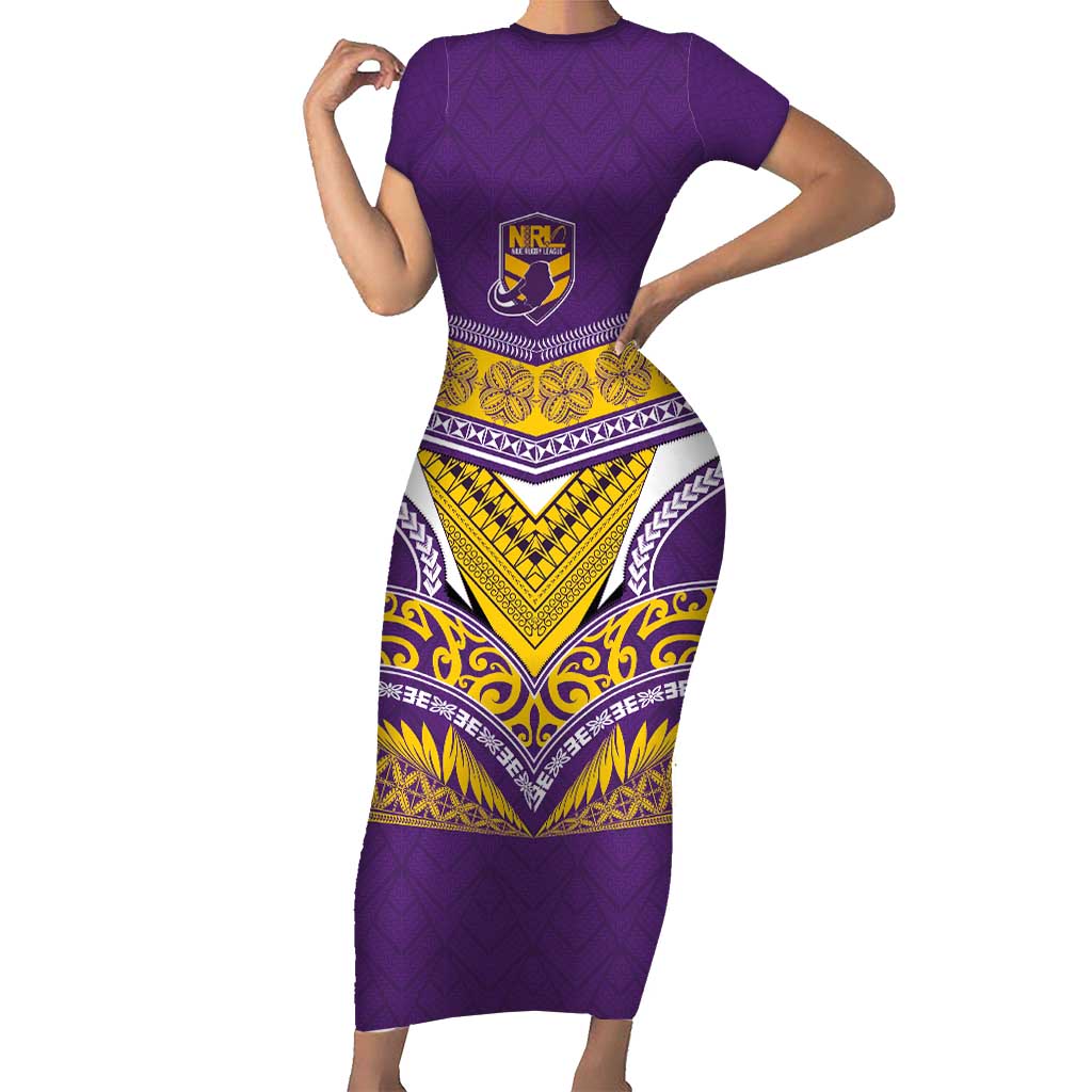 Custom Rugby Niue Short Sleeve Bodycon Dress Hiapo Tribal Heritage Tattoos Purple Color - Polynesian Pride