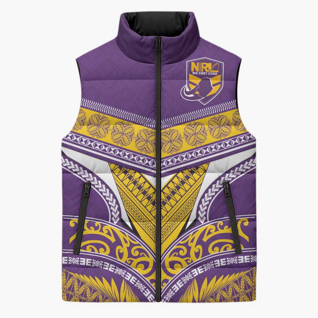 Custom Rugby Niue Sleeveless Puffer Jacket Hiapo Tribal Heritage Tattoos Purple Color - Polynesian Pride
