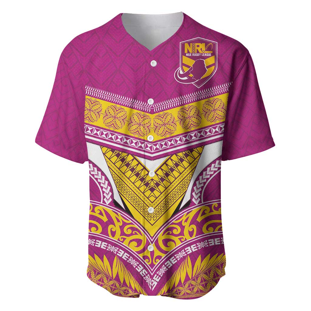 Custom Rugby Niue Baseball Jersey Hiapo Tribal Heritage Tattoos Pink Color - Polynesian Pride