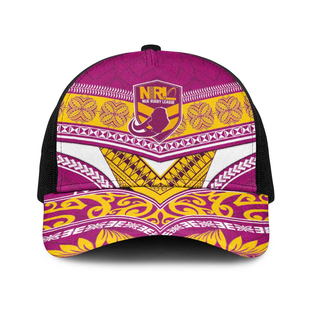 Niue Rugby Baseball Net Cap Hiapo Tribal Heritage Tattoos Pink Color - Polynesian Pride