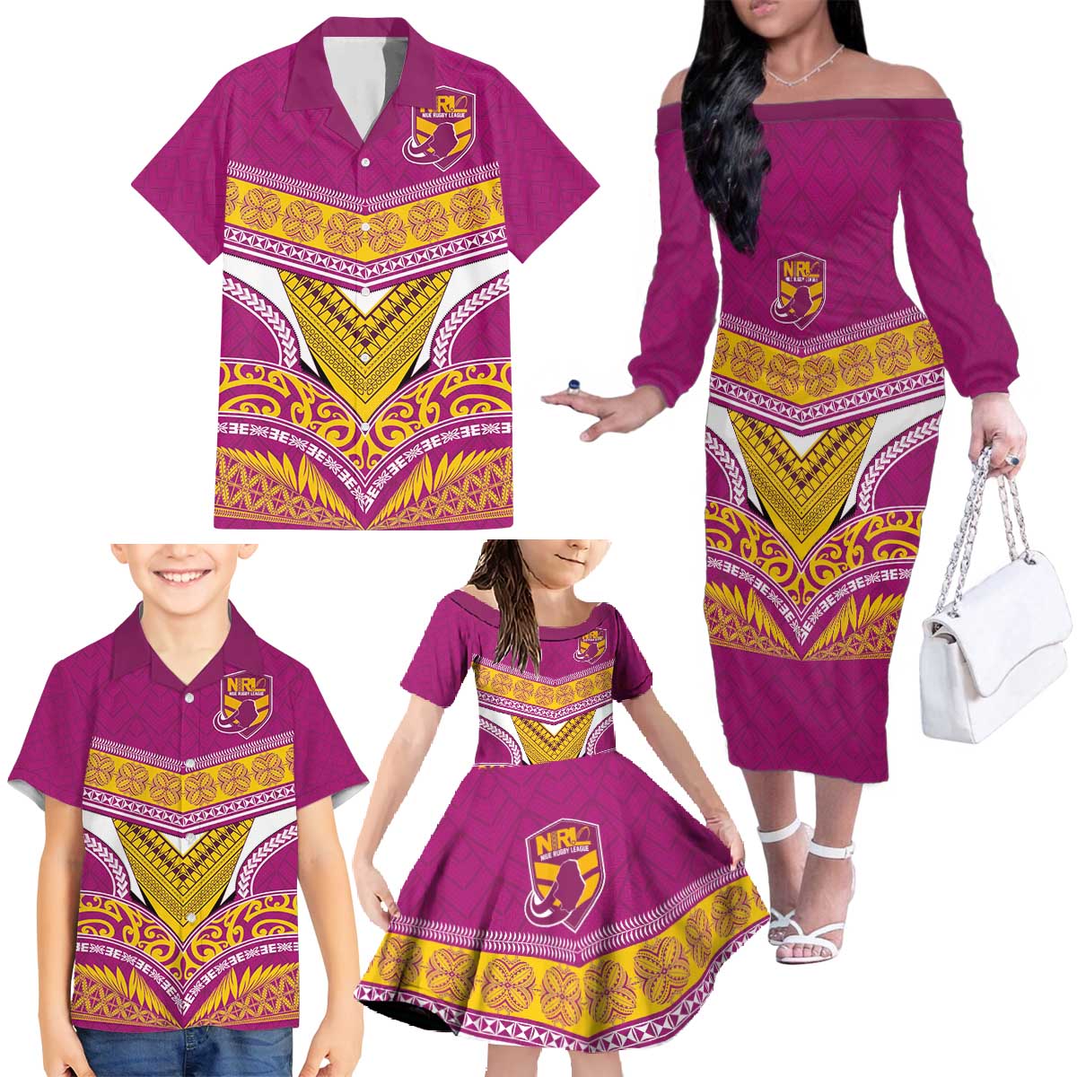 Custom Rugby Niue Family Matching Off The Shoulder Long Sleeve Dress and Hawaiian Shirt Hiapo Tribal Heritage Tattoos Pink Color - Polynesian Pride