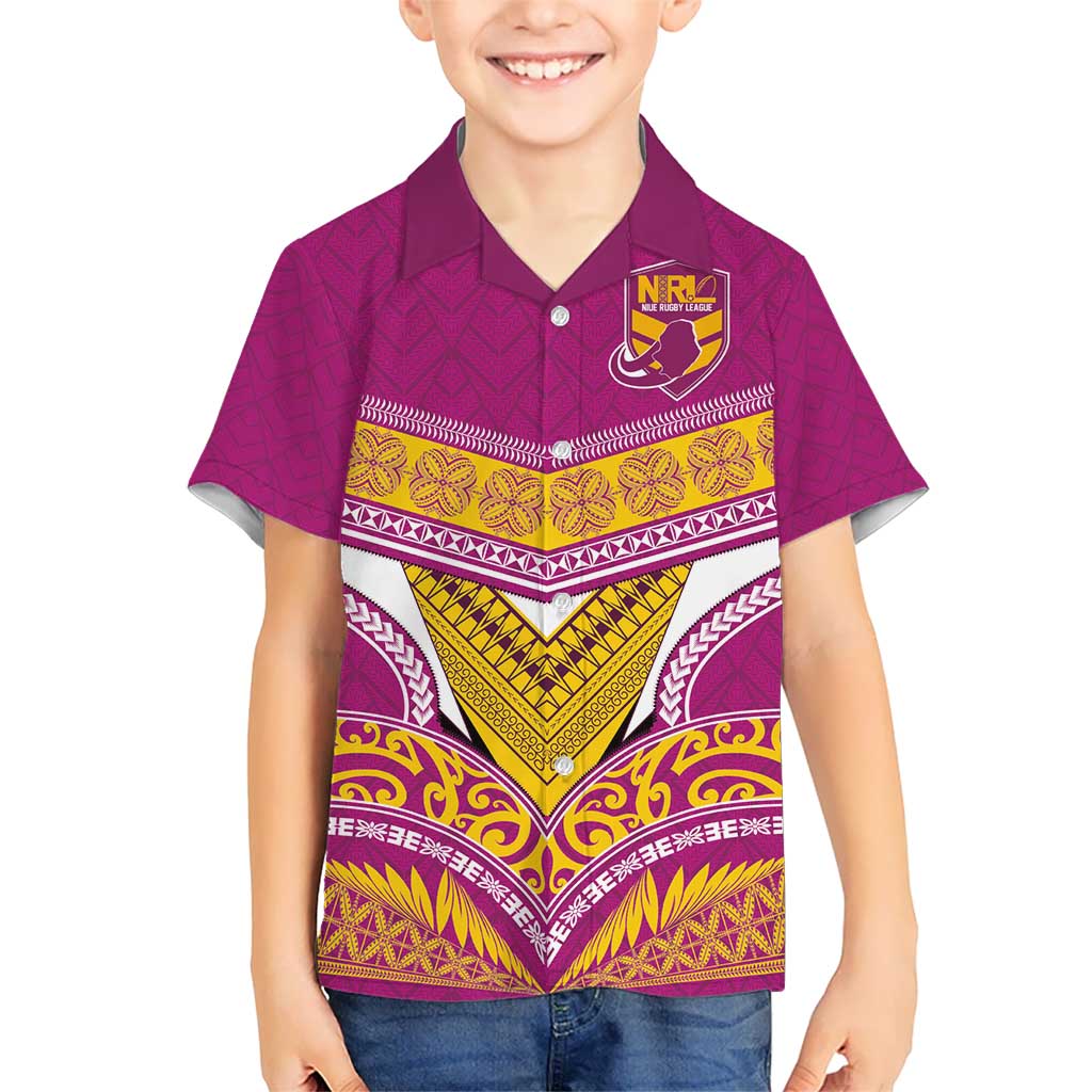 Custom Rugby Niue Kid Hawaiian Shirt Hiapo Tribal Heritage Tattoos Pink Color - Polynesian Pride
