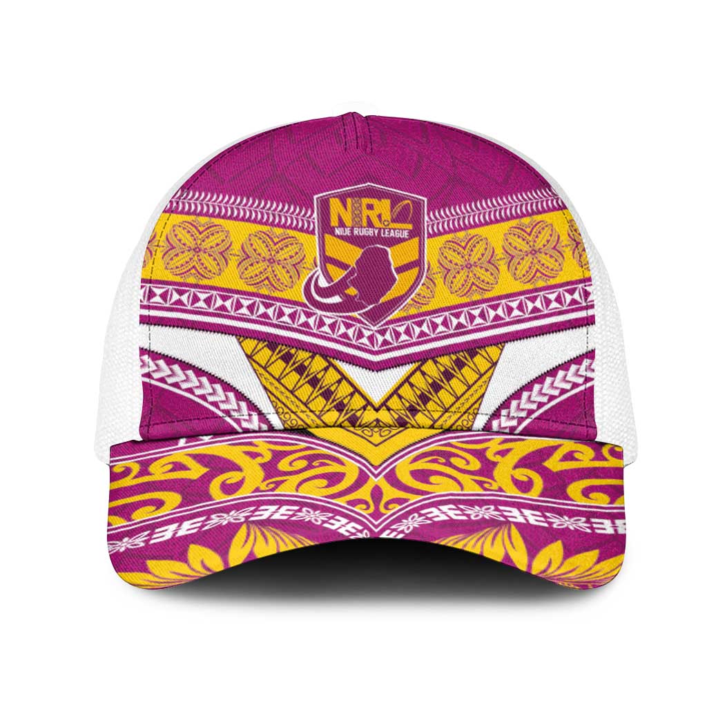 Niue Rugby Mesh Trucker Cap Hiapo Tribal Heritage Tattoos Pink Color - Polynesian Pride