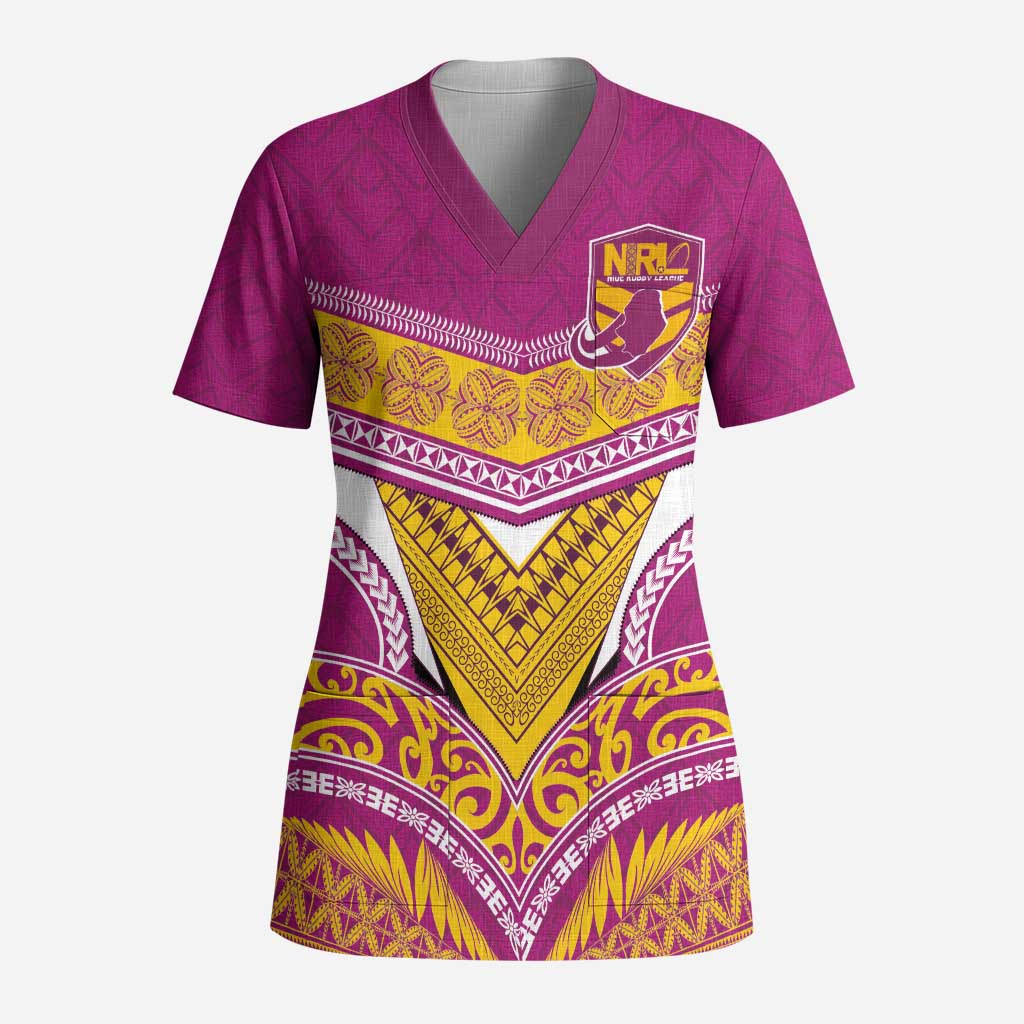 Custom Rugby Niue Scrub Top Hiapo Tribal Heritage Tattoos Pink Color - Polynesian Pride