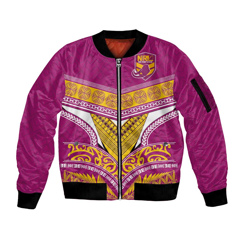 Custom Rugby Niue Sleeve Zip Bomber Jacket Hiapo Tribal Heritage Tattoos Pink Color - Polynesian Pride