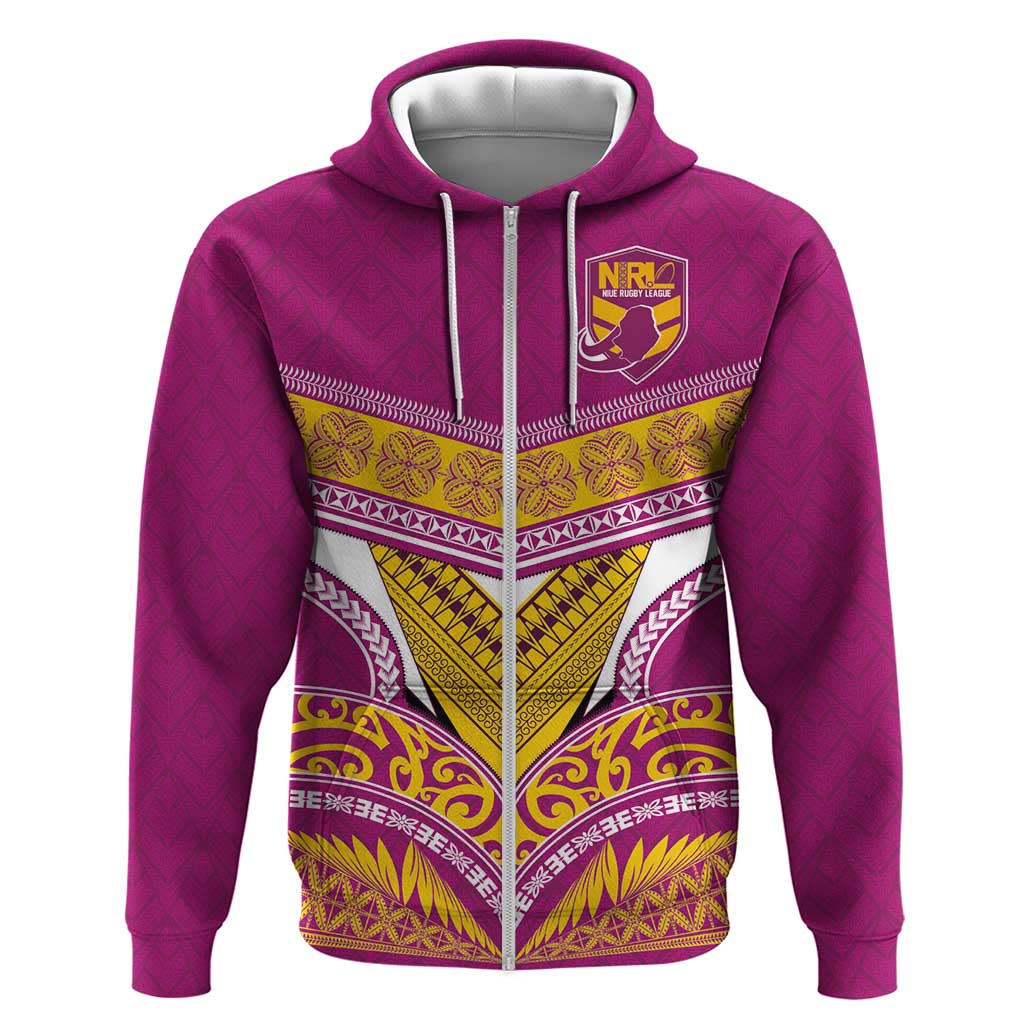 Custom Rugby Niue Zip Hoodie Hiapo Tribal Heritage Tattoos Pink Color - Polynesian Pride