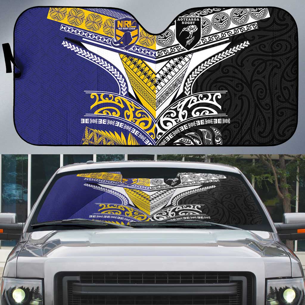Rugby Niue and Aotearoa Auto Sun Shade Hiapo with Maori Moko Tribal Heritage Tattoos LT03 Black - Polynesian Pride