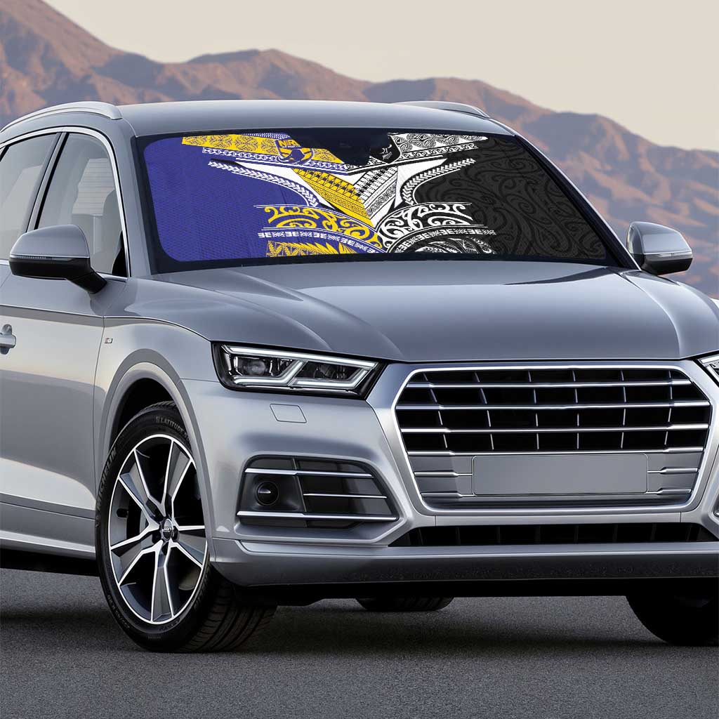 Rugby Niue and Aotearoa Auto Sun Shade Hiapo with Maori Moko Tribal Heritage Tattoos LT03 - Polynesian Pride