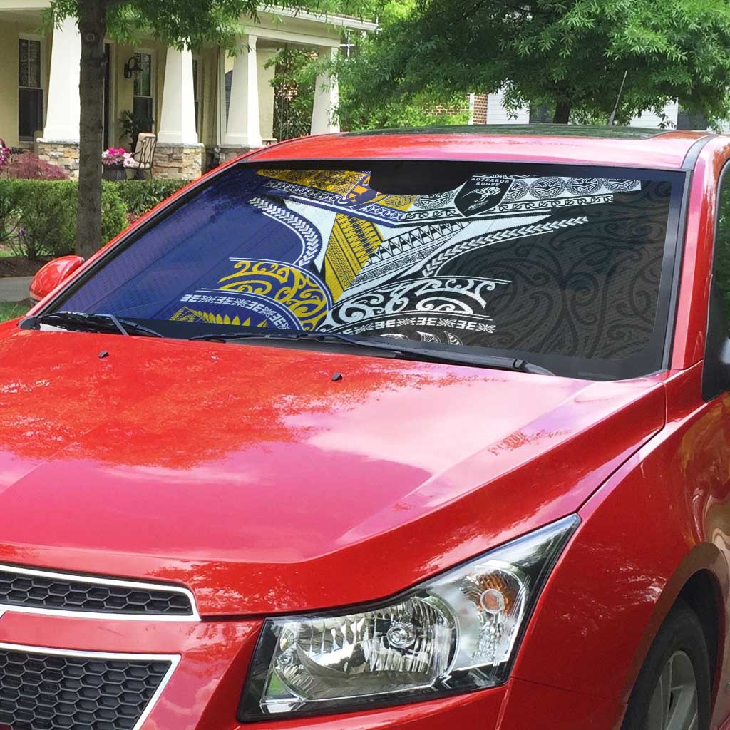 Rugby Niue and Aotearoa Auto Sun Shade Hiapo with Maori Moko Tribal Heritage Tattoos LT03 - Polynesian Pride