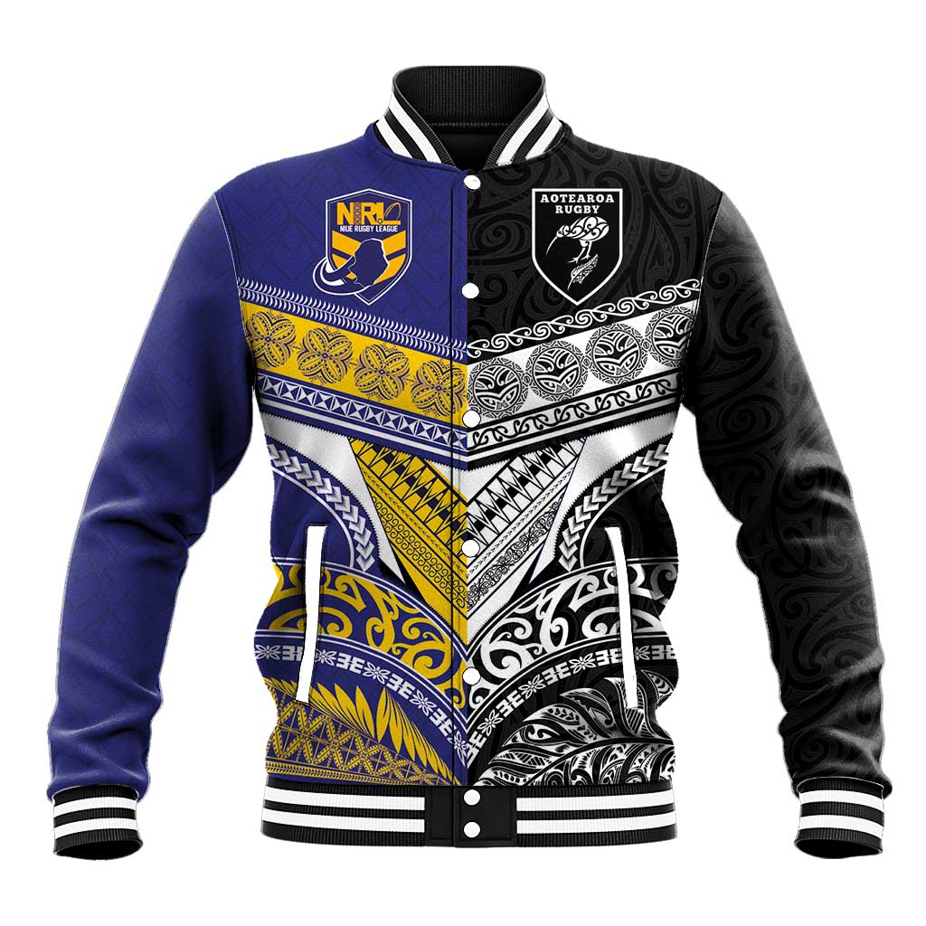 Custom Rugby Niue and Aotearoa Baseball Jacket Hiapo with Maori Moko Tribal Heritage Tattoos LT03 Unisex Black - Polynesian Pride