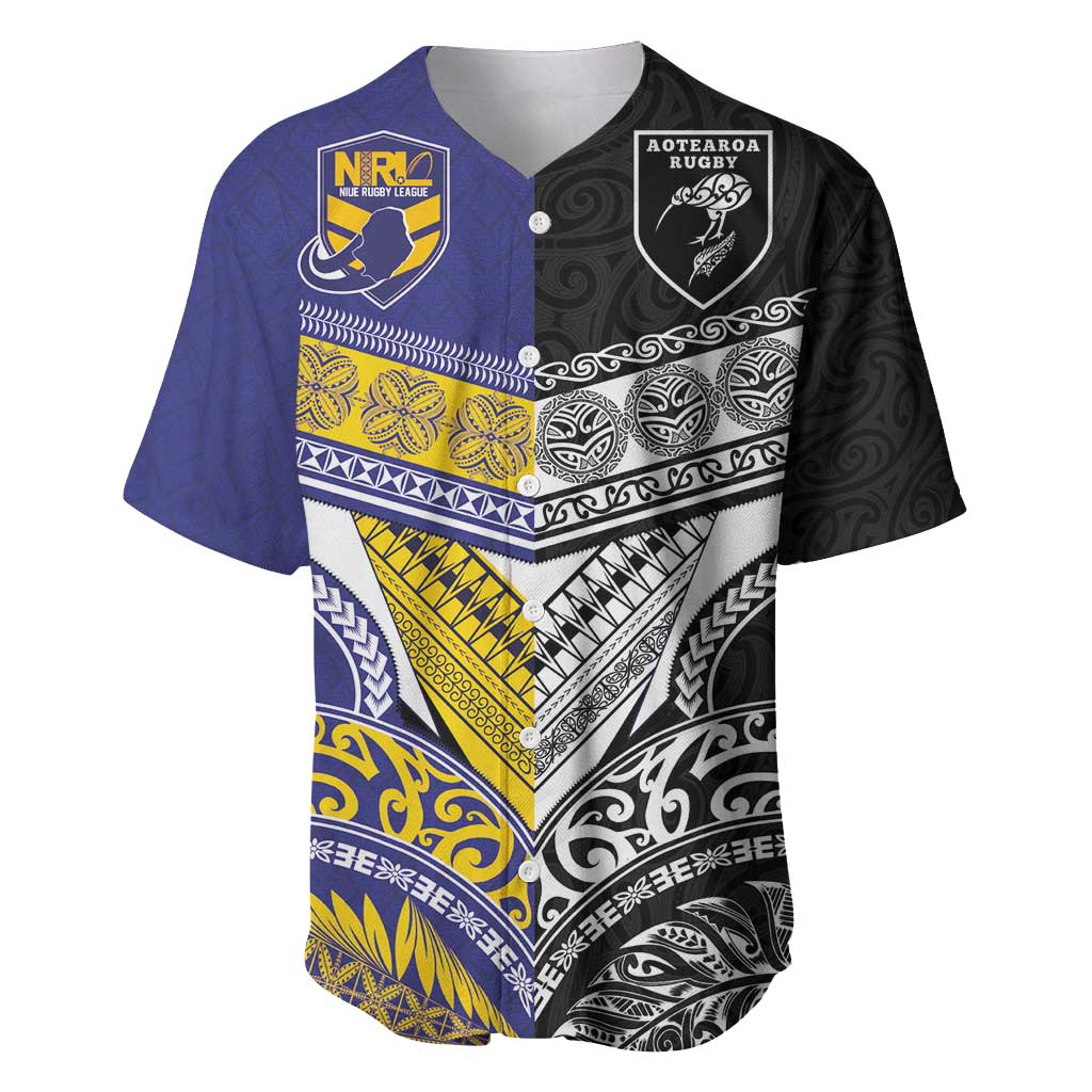 Custom Rugby Niue and Aotearoa Baseball Jersey Hiapo with Maori Moko Tribal Heritage Tattoos LT03 Black - Polynesian Pride