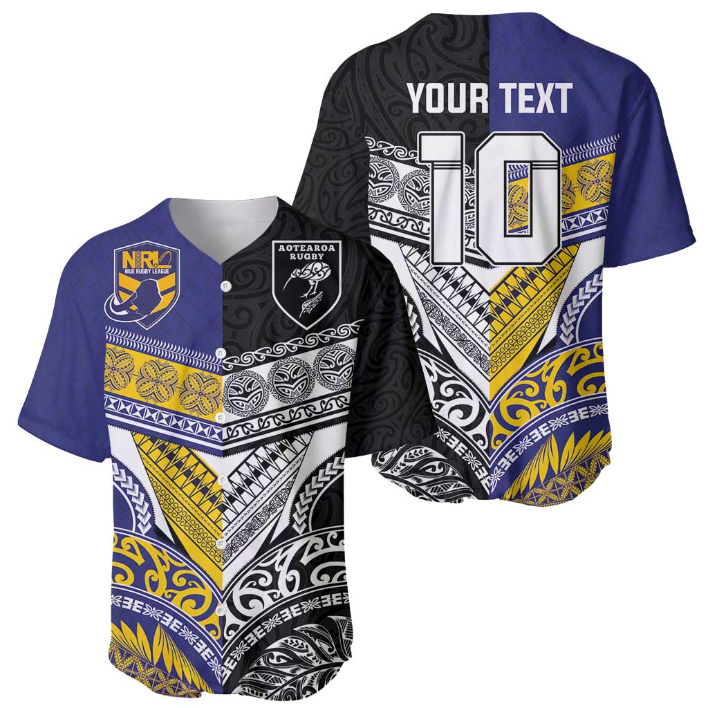 Custom Rugby Niue and Aotearoa Baseball Jersey Hiapo with Maori Moko Tribal Heritage Tattoos LT03 - Polynesian Pride