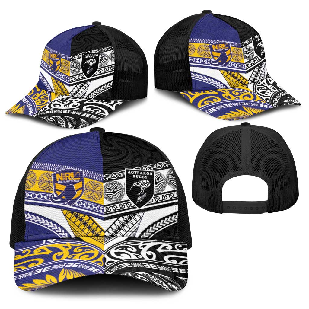 Niue and Aotearoa Rugby Baseball Net Cap Hiapo with Maori Moko Tribal Heritage Tattoos LT03 - Polynesian Pride