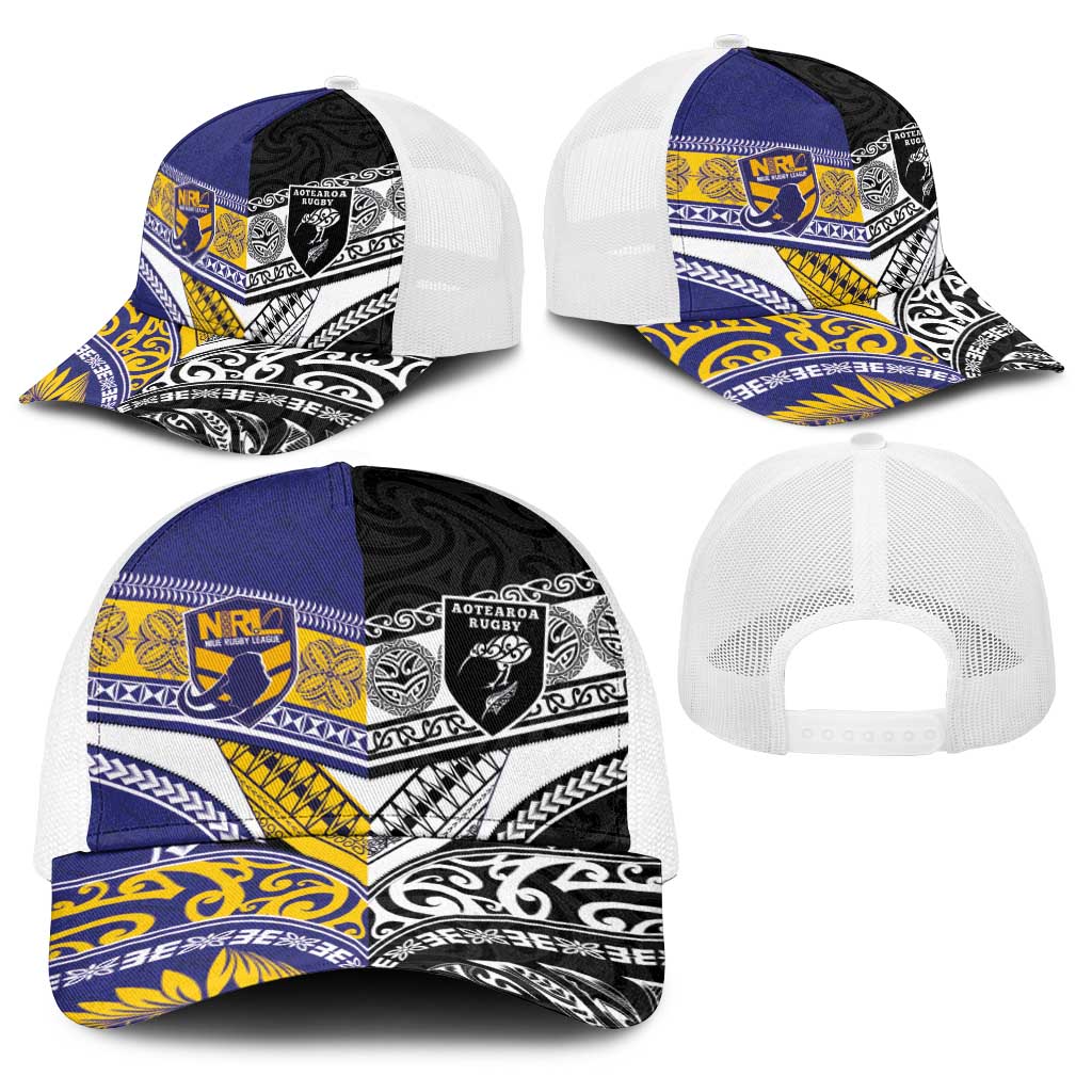 Niue and Aotearoa Rugby Baseball Net Cap Hiapo with Maori Moko Tribal Heritage Tattoos LT03 - Polynesian Pride