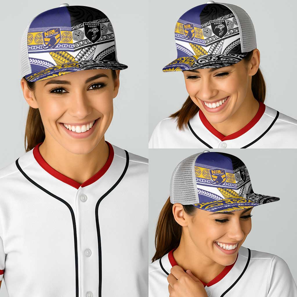 Niue and Aotearoa Rugby Baseball Net Cap Hiapo with Maori Moko Tribal Heritage Tattoos LT03 - Polynesian Pride