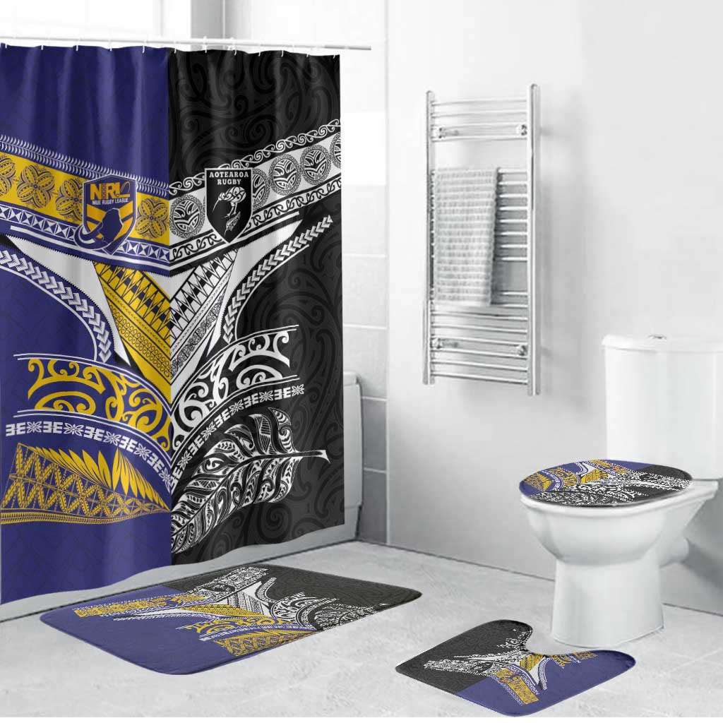 Rugby Niue and Aotearoa Bathroom Set Hiapo with Maori Moko Tribal Heritage Tattoos LT03 Bathroom Set (4 pcs) Black - Polynesian Pride