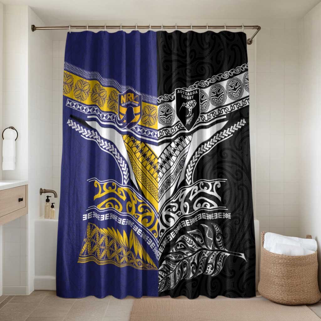 Rugby Niue and Aotearoa Bathroom Set Hiapo with Maori Moko Tribal Heritage Tattoos LT03 Shower Curtain Only Black - Polynesian Pride