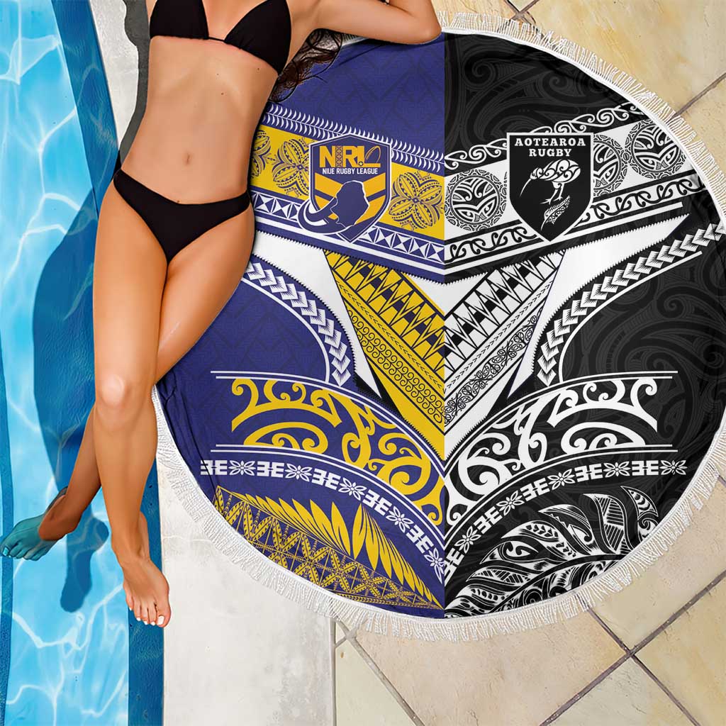 Rugby Niue and Aotearoa Beach Blanket Hiapo with Maori Moko Tribal Heritage Tattoos LT03 - Polynesian Pride