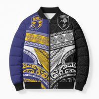 Custom Rugby Niue and Aotearoa Bomber Puffer Jacket Hiapo with Maori Moko Tribal Heritage Tattoos LT03 Unisex Black - Polynesian Pride