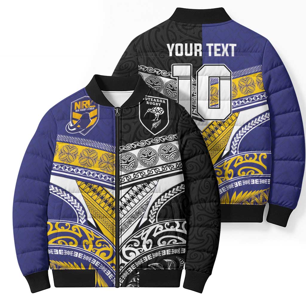 Custom Rugby Niue and Aotearoa Bomber Puffer Jacket Hiapo with Maori Moko Tribal Heritage Tattoos LT03 - Polynesian Pride