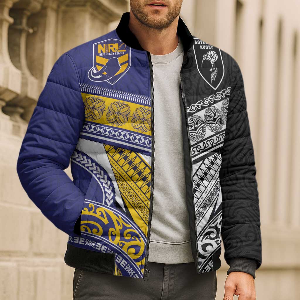 Custom Rugby Niue and Aotearoa Bomber Puffer Jacket Hiapo with Maori Moko Tribal Heritage Tattoos LT03 - Polynesian Pride
