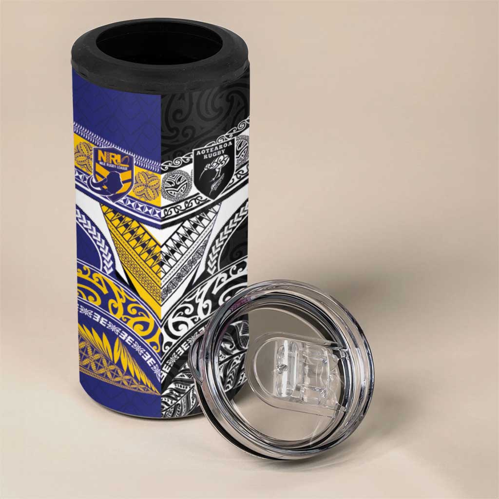 Custom Rugby Niue and Aotearoa 4 in 1 Can Cooler Tumbler Hiapo with Maori Moko Tribal Heritage Tattoos LT03 - Polynesian Pride