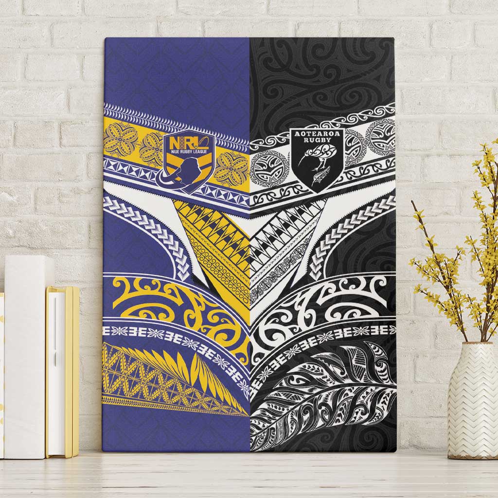 Rugby Niue and Aotearoa Canvas Wall Art Hiapo with Maori Moko Tribal Heritage Tattoos LT03 Without Frame Black - Polynesian Pride
