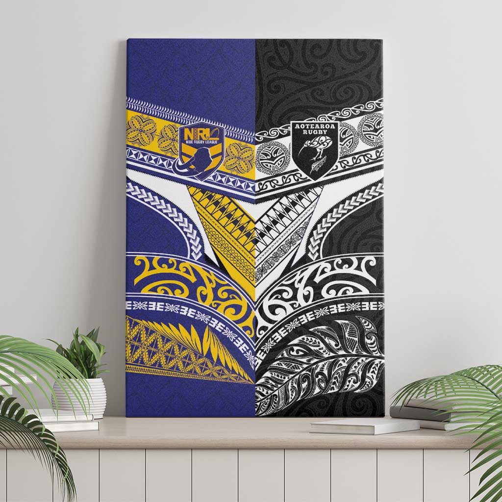 Rugby Niue and Aotearoa Canvas Wall Art Hiapo with Maori Moko Tribal Heritage Tattoos LT03 - Polynesian Pride