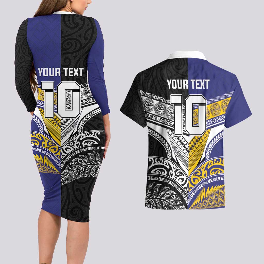 Custom Rugby Niue and Aotearoa Couples Matching Long Sleeve Bodycon Dress and Hawaiian Shirt Hiapo with Maori Moko Tribal Heritage Tattoos LT03 - Polynesian Pride