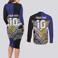 Custom Rugby Niue and Aotearoa Couples Matching Long Sleeve Bodycon Dress and Long Sleeve Button Shirt Hiapo with Maori Moko Tribal Heritage Tattoos LT03 - Polynesian Pride