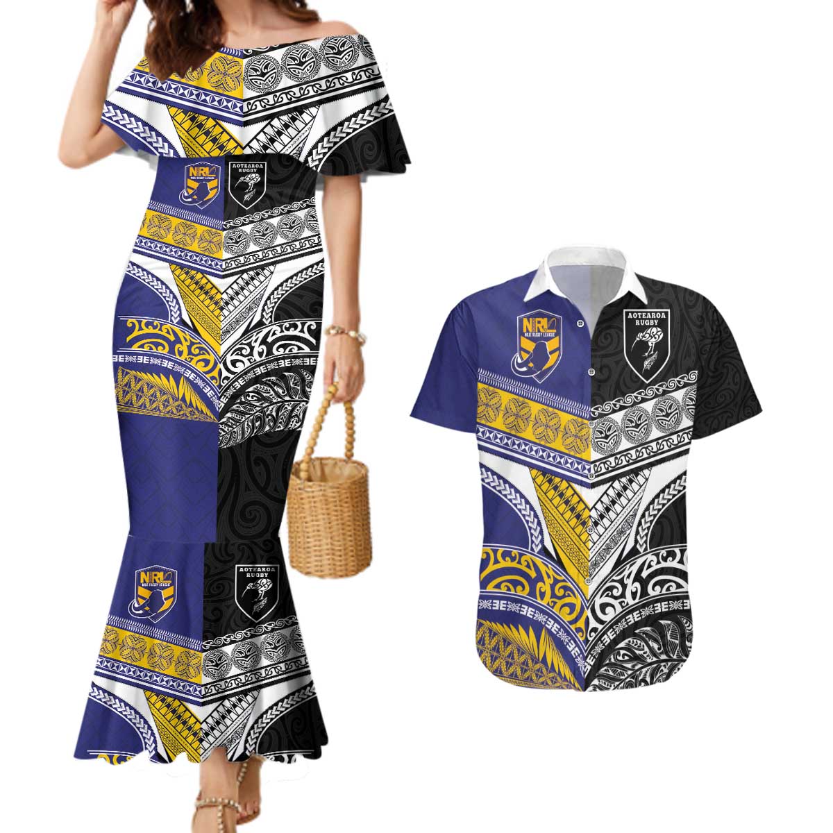 Custom Rugby Niue and Aotearoa Couples Matching Mermaid Dress and Hawaiian Shirt Hiapo with Maori Moko Tribal Heritage Tattoos LT03 Black - Polynesian Pride