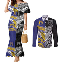 Custom Rugby Niue and Aotearoa Couples Matching Mermaid Dress and Long Sleeve Button Shirt Hiapo with Maori Moko Tribal Heritage Tattoos LT03 Black - Polynesian Pride