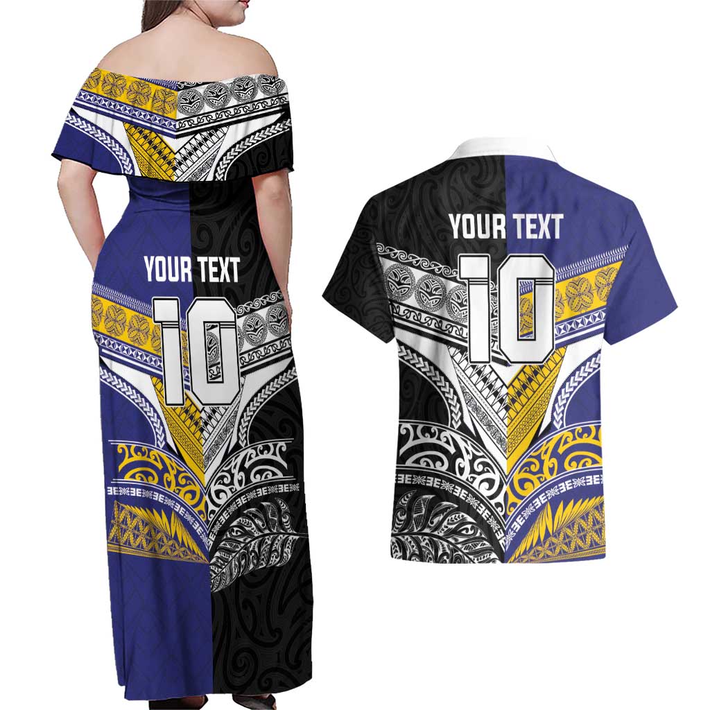 Custom Rugby Niue and Aotearoa Couples Matching Off Shoulder Maxi Dress and Hawaiian Shirt Hiapo with Maori Moko Tribal Heritage Tattoos LT03 - Polynesian Pride