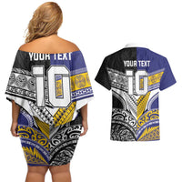 Custom Rugby Niue and Aotearoa Couples Matching Off Shoulder Short Dress and Hawaiian Shirt Hiapo with Maori Moko Tribal Heritage Tattoos LT03 - Polynesian Pride