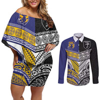 Custom Rugby Niue and Aotearoa Couples Matching Off Shoulder Short Dress and Long Sleeve Button Shirt Hiapo with Maori Moko Tribal Heritage Tattoos LT03 Black - Polynesian Pride