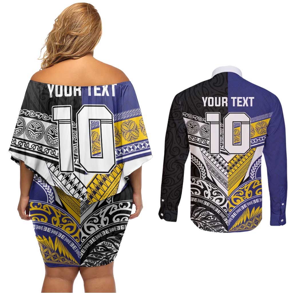 Custom Rugby Niue and Aotearoa Couples Matching Off Shoulder Short Dress and Long Sleeve Button Shirt Hiapo with Maori Moko Tribal Heritage Tattoos LT03 - Polynesian Pride
