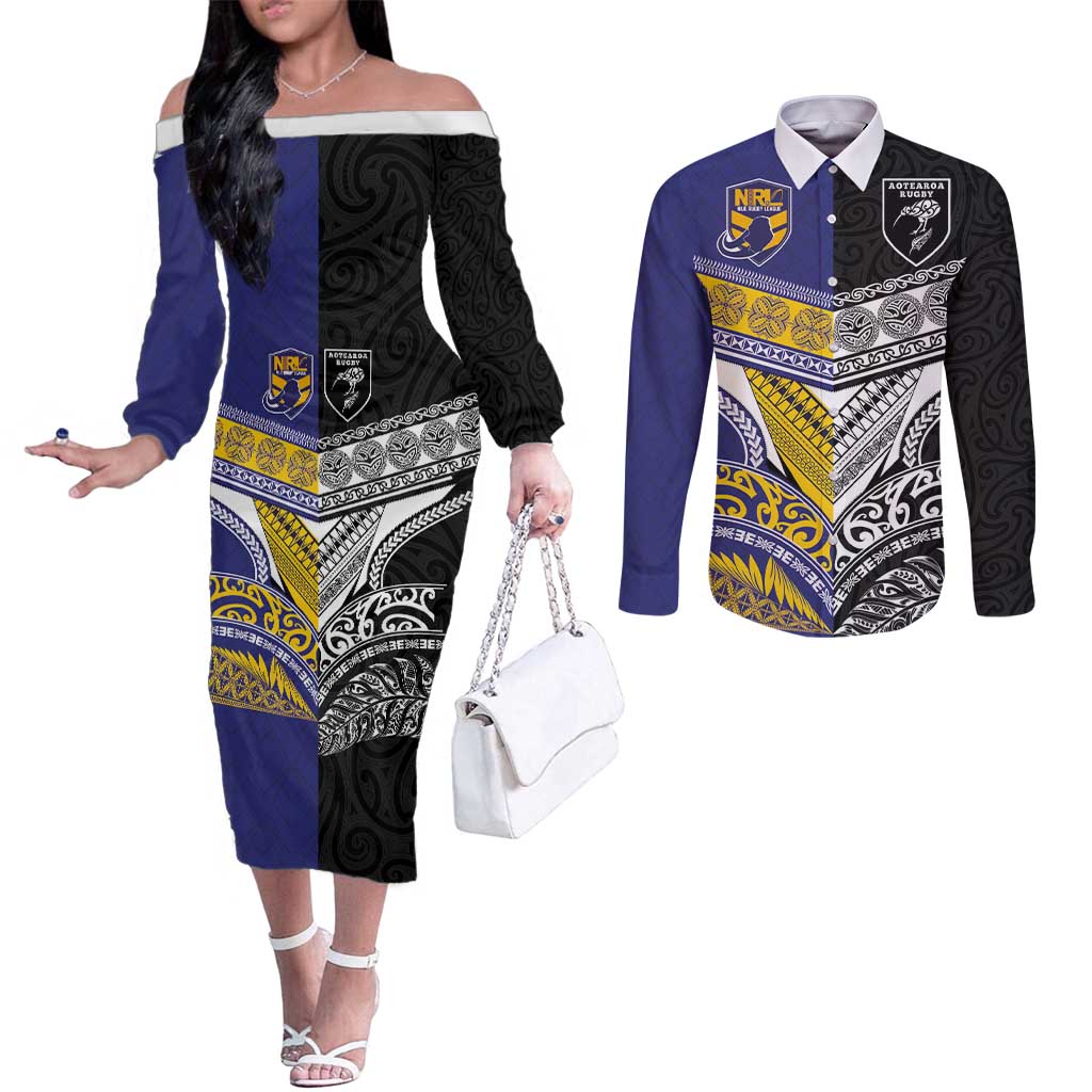 Custom Rugby Niue and Aotearoa Couples Matching Off The Shoulder Long Sleeve Dress and Long Sleeve Button Shirt Hiapo with Maori Moko Tribal Heritage Tattoos - Polynesian Pride