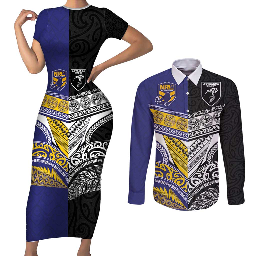 Custom Rugby Niue and Aotearoa Couples Matching Short Sleeve Bodycon Dress and Long Sleeve Button Shirt Hiapo with Maori Moko Tribal Heritage Tattoos LT03 Black - Polynesian Pride