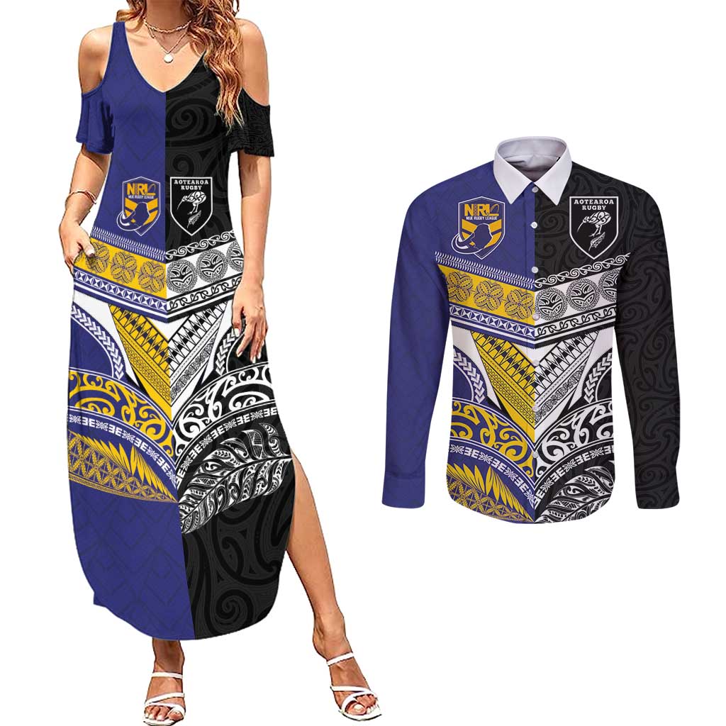 Custom Rugby Niue and Aotearoa Couples Matching Summer Maxi Dress and Long Sleeve Button Shirt Hiapo with Maori Moko Tribal Heritage Tattoos LT03 Black - Polynesian Pride