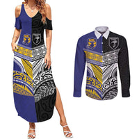 Custom Rugby Niue and Aotearoa Couples Matching Summer Maxi Dress and Long Sleeve Button Shirt Hiapo with Maori Moko Tribal Heritage Tattoos LT03 Black - Polynesian Pride