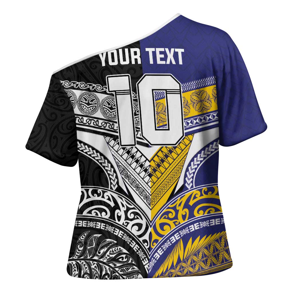 Custom Rugby Niue and Aotearoa Cross Shoulder Shirt Hiapo with Maori Moko Tribal Heritage Tattoos LT03 - Polynesian Pride