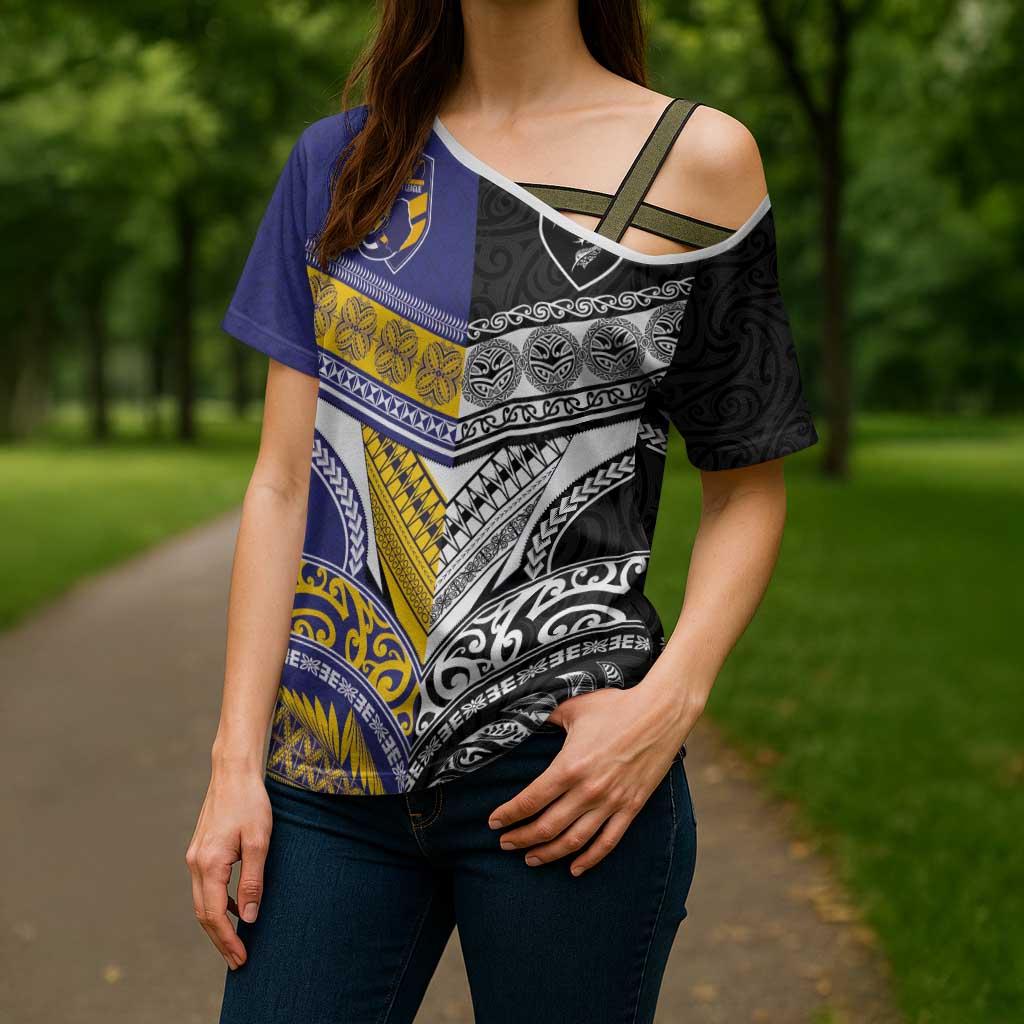 Custom Rugby Niue and Aotearoa Cross Shoulder Shirt Hiapo with Maori Moko Tribal Heritage Tattoos LT03 - Polynesian Pride