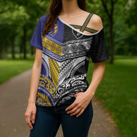 Custom Rugby Niue and Aotearoa Cross Shoulder Shirt Hiapo with Maori Moko Tribal Heritage Tattoos LT03 - Polynesian Pride